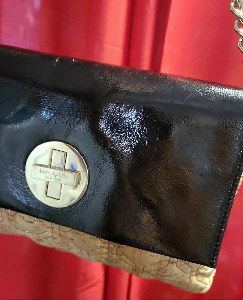 kate spade Black Patent & Beige Shoulder Bag with Gold Chain